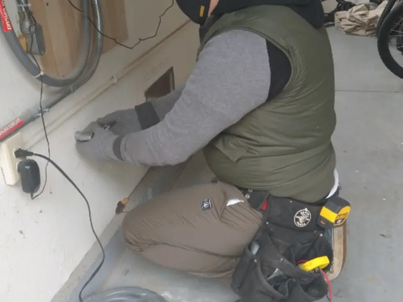 Electrician performing outlet wiring in a Crandall garage